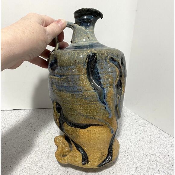 1977 Studio pottery ugly face pitcher jug vase cobalt blue and stoneware signed - Picture 14 of 14